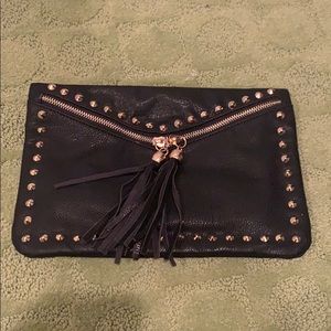 Black leather fringe clutch